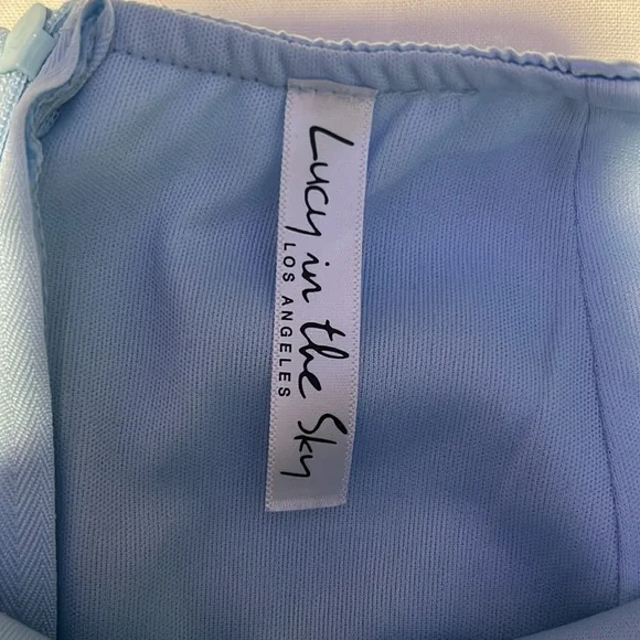 Lucy in the Sky High Slit Tie Back Blue Satin Mini Dress - Picture 3 of 3